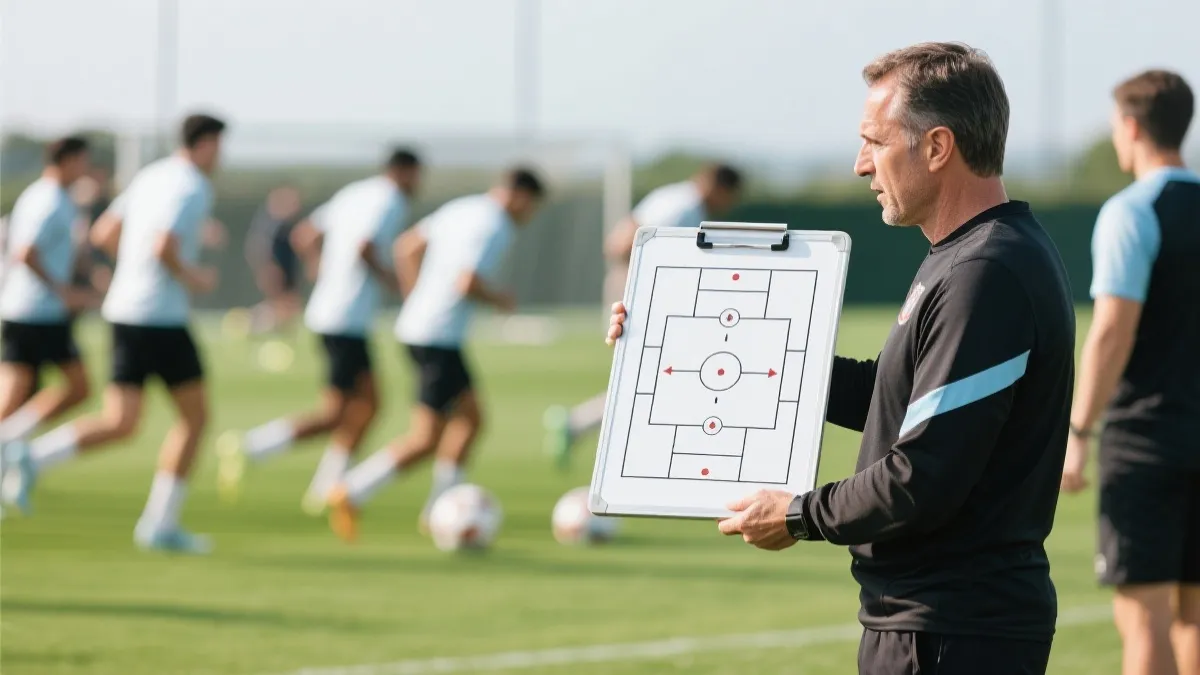 教练在战术板前讲解攻防策略的比赛前场景