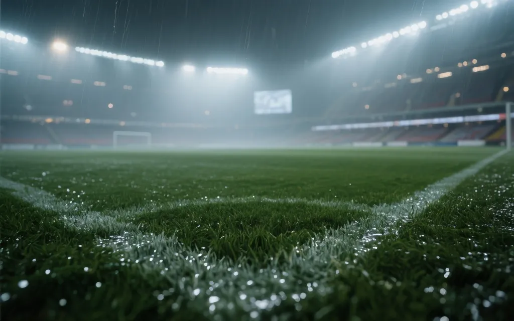 夜间球场与天气元素叠加的视觉示意，用于提示环境因素影响比赛节奏